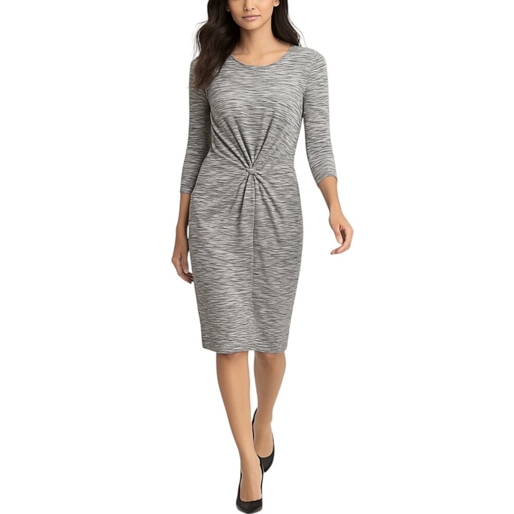 LUSH Women's Gray Marled 3/4 Sleeve Twist Knot Knitted Midi Dress — Size L